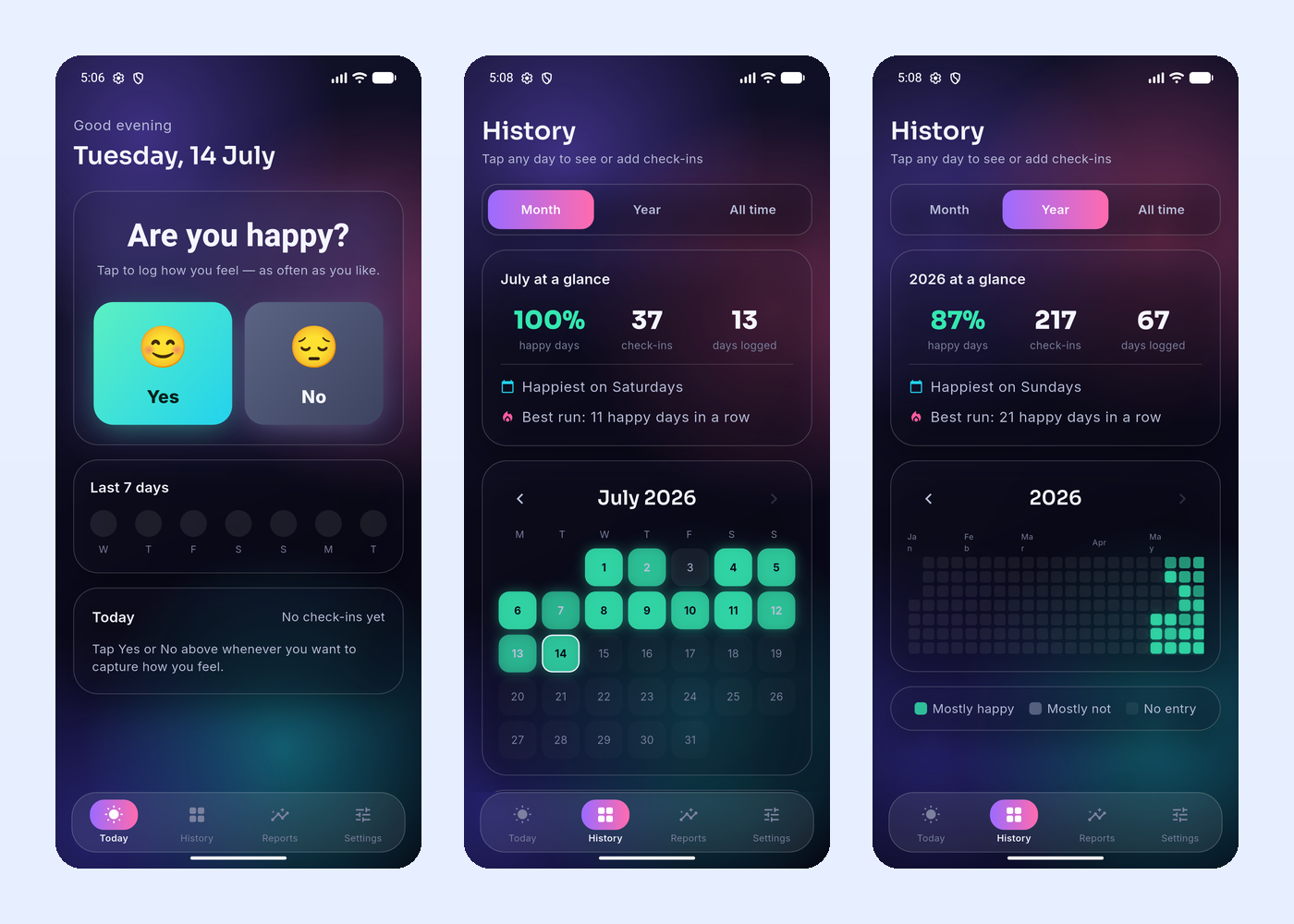 Soluvae app — daily check-in, monthly calendar and yearly heatmap